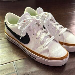Nike Court Legacy White and Black Leather Sneakers with Gold Accents